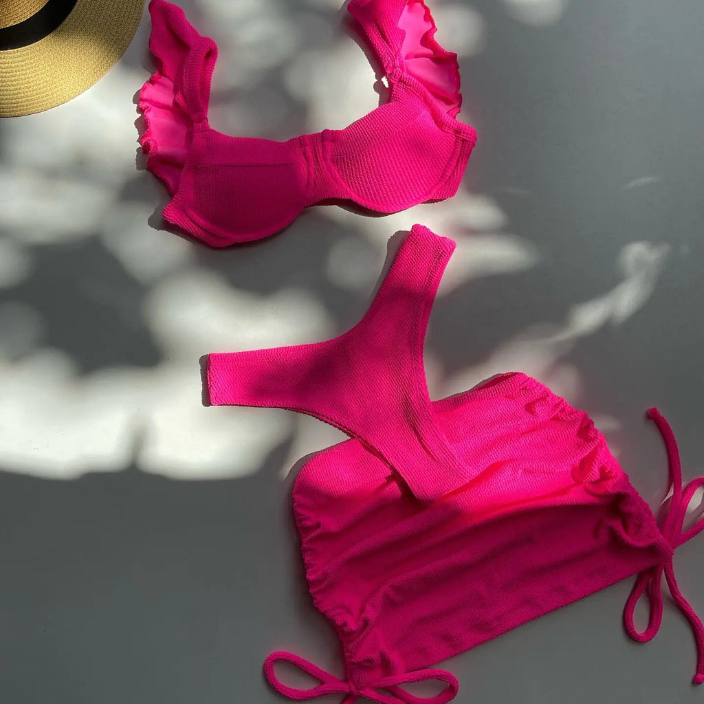 Women's Hot Pink Ribbed Three-Piece Bikini Set with Cover-Up