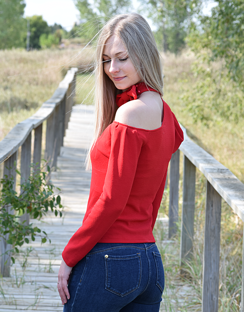 Charming Cold Shoulder Halter Blouse in Vibrant Red Party Top