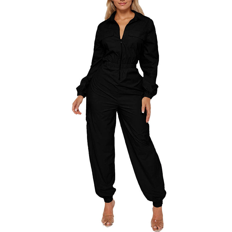 Flip Pocket Elastic Waist-tightening Long Sleeve Utility Jumpsuit