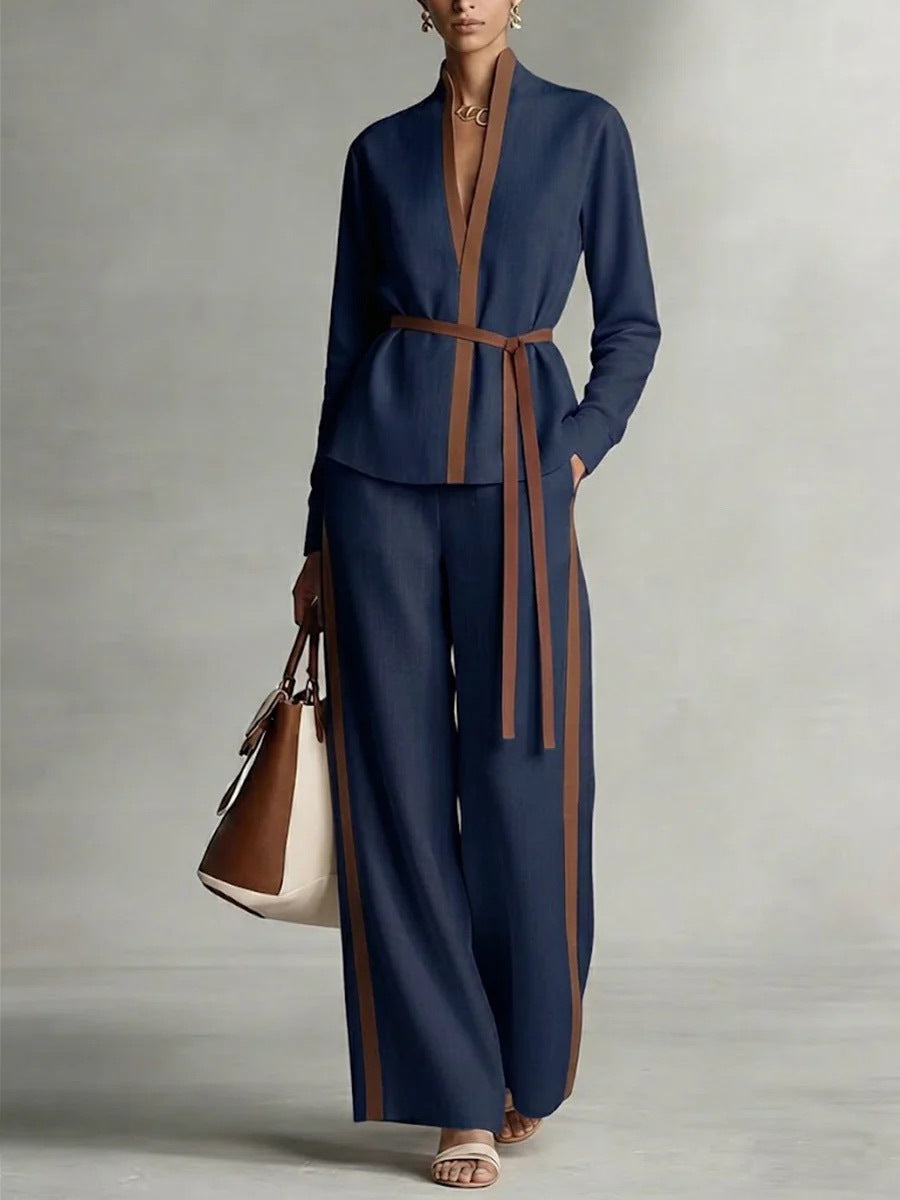 Women’s Contrast Trim Belted Cardigan and Wide Leg Pants Set - Image 7