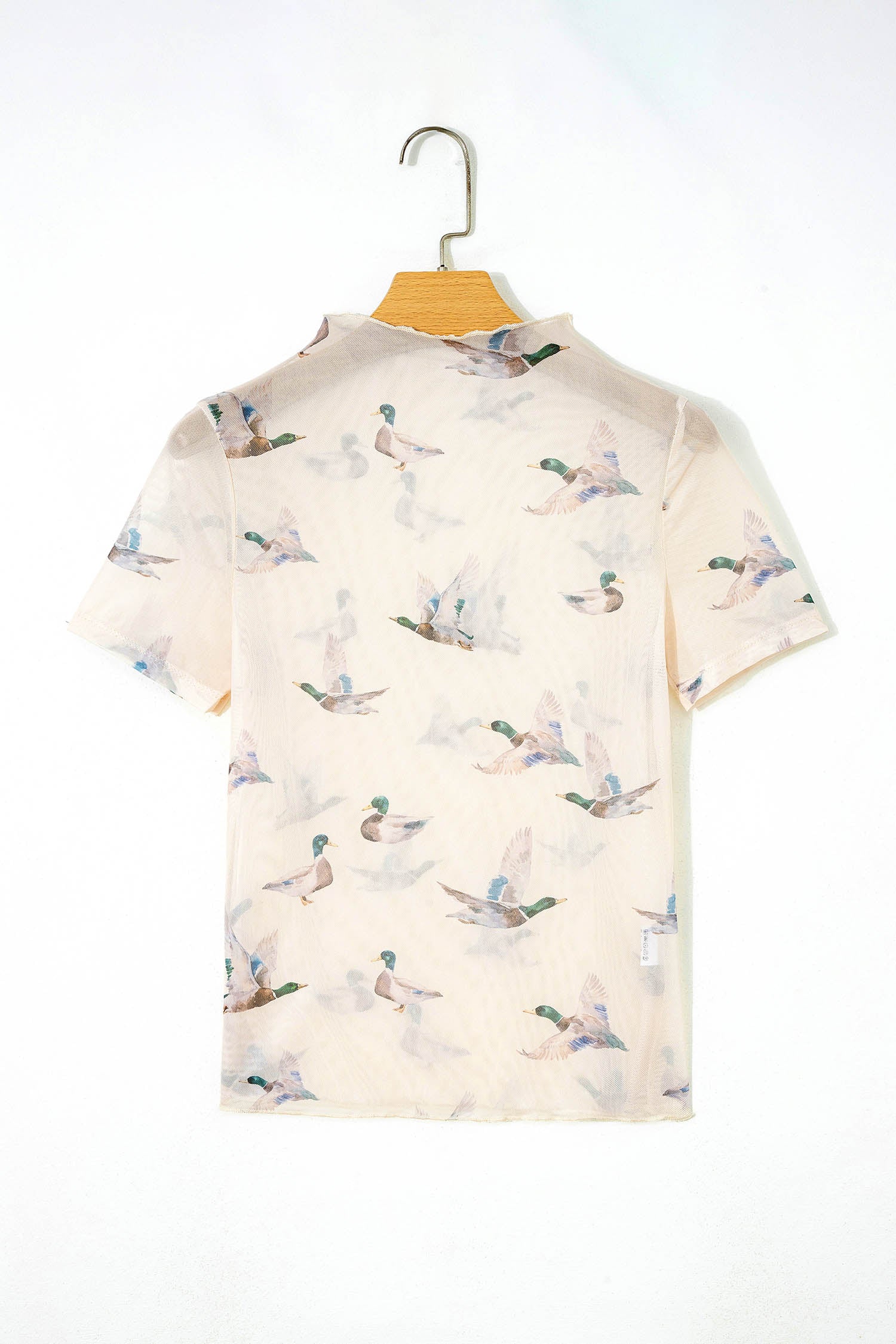 Mallard Duck Print Mesh Short Sleeve Top - Beige Multi-Color