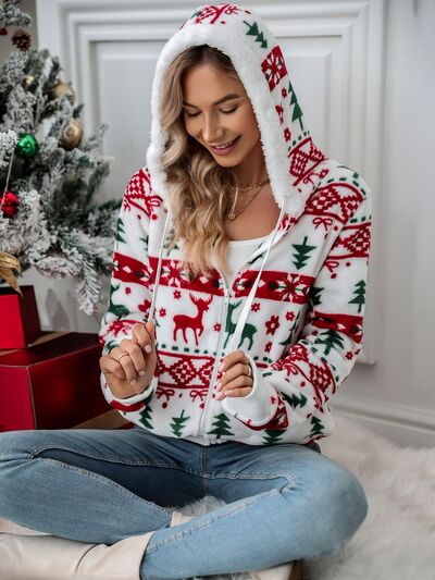 Women's White Zip-Up Hooded Jacket with Festive Christmas Prints