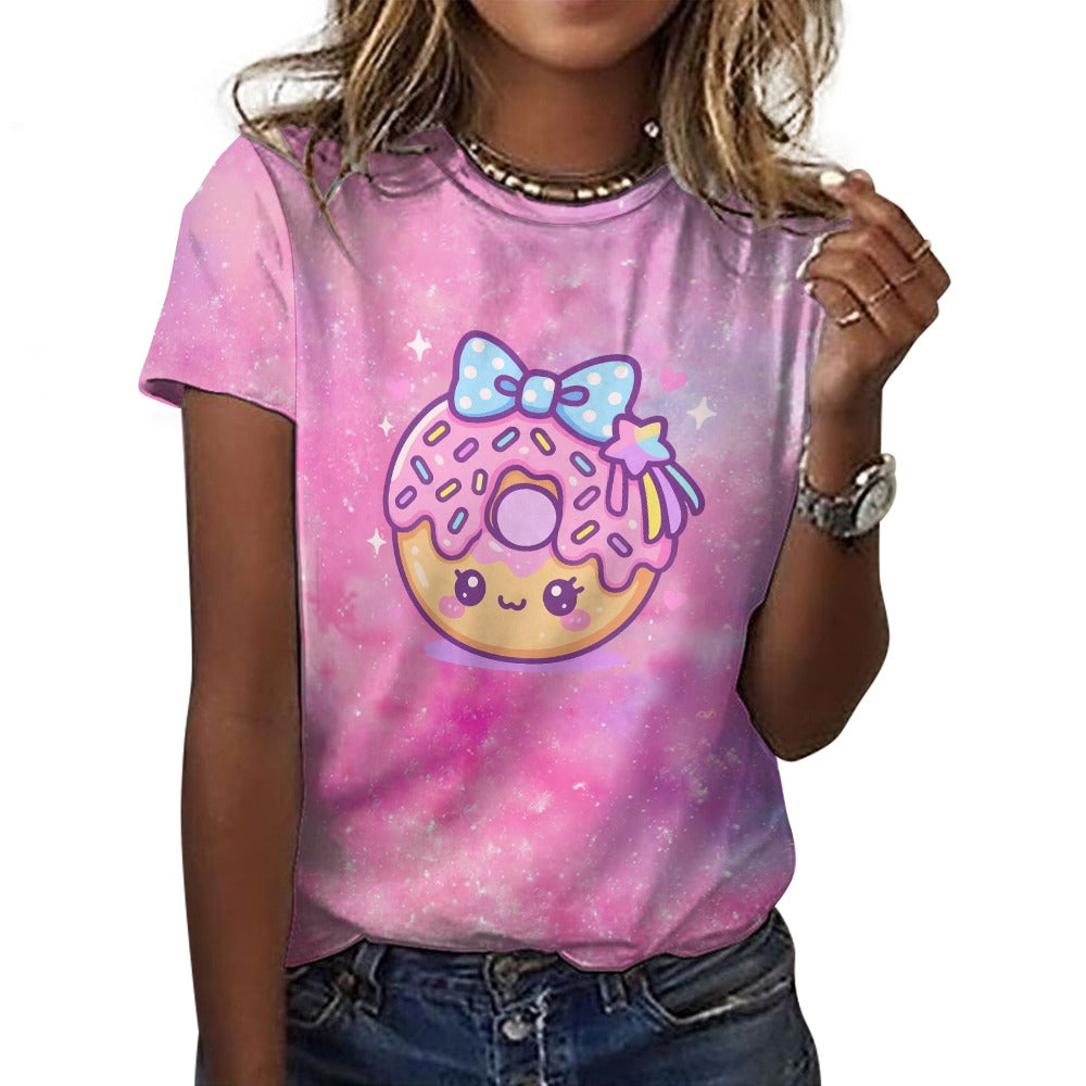 Women's pink and purple galaxy t-shirt with a cute donut graphic, made of 100% cotton.