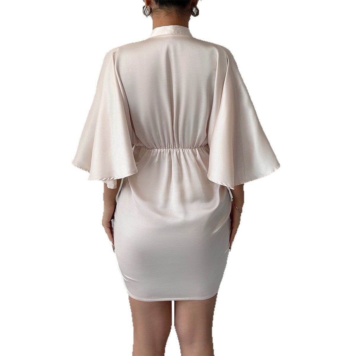 Deep V-Neck Wide Sleeve Hip Skirt Dress with Lace-Up Detail