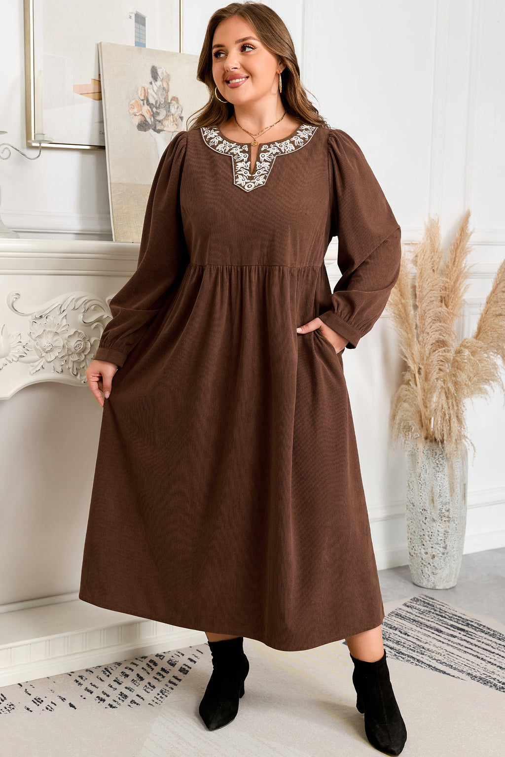 Coffee Embroidered Notched Neckline Pleated Midi Dress