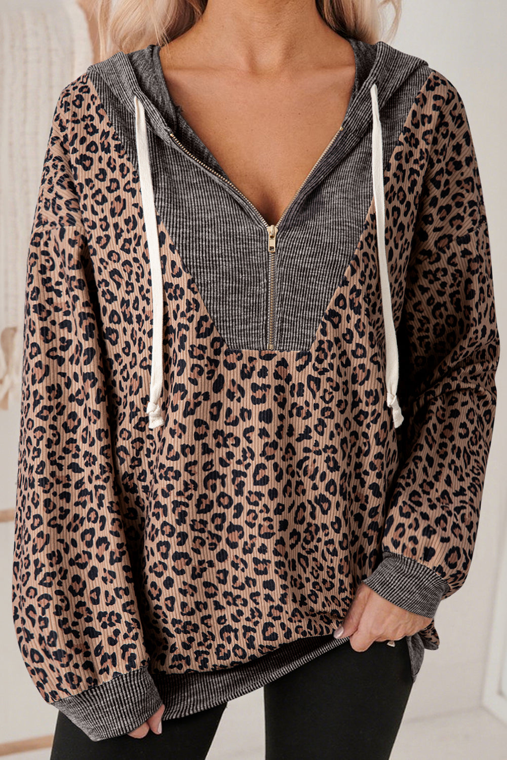 Leopard Ribbed Knit Contrast Half-Zip Hoodie