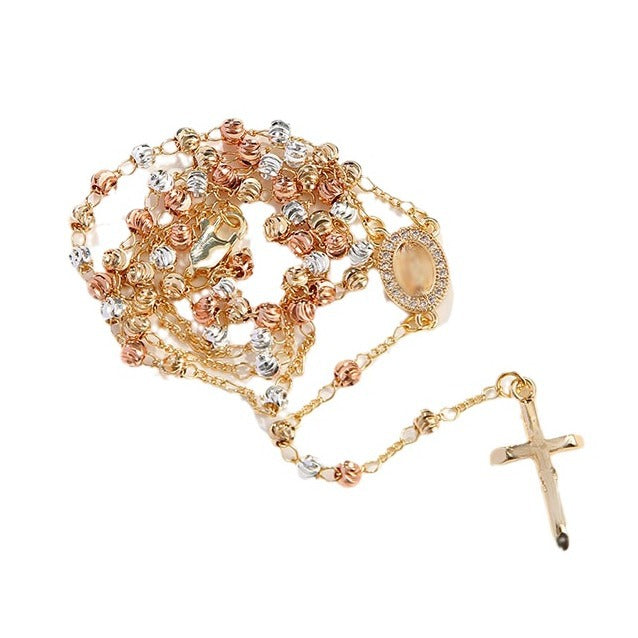 Retro Beaded Cross Necklace in Gold Tone Alloy