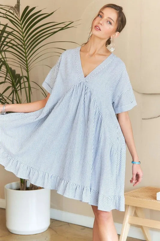 Striped V-Neck Babydoll Dress with Ruffled Hem