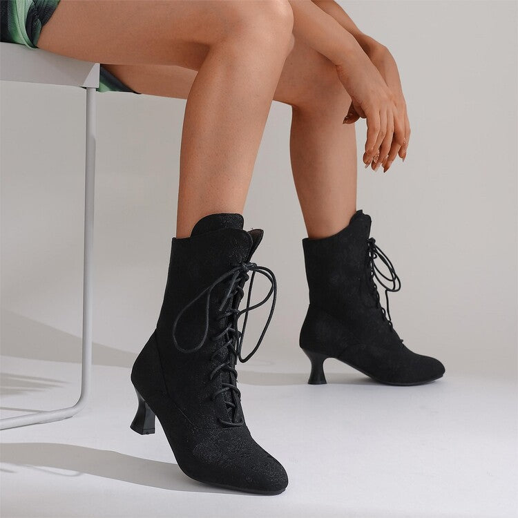 Women Pointed Toe Lace Up Kitten Heel Ankle Boots Floral Pattern
