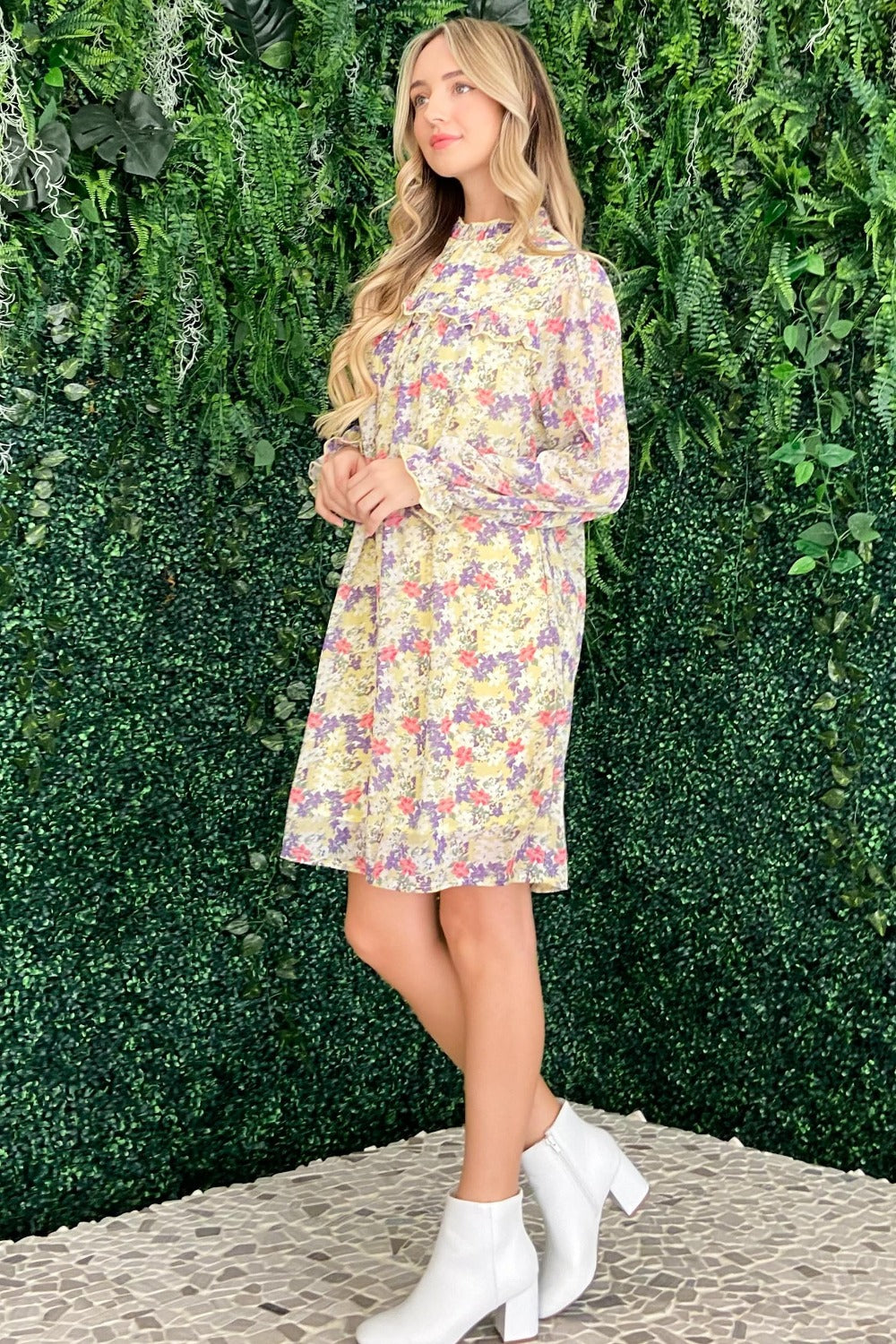 Floral Mock Neck Flounce Sleeve Summer Dress
