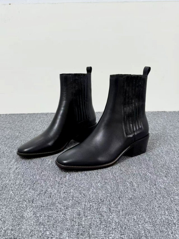 Women’s Retro Square-Toe Mid-Heel Chunky Leather Boots