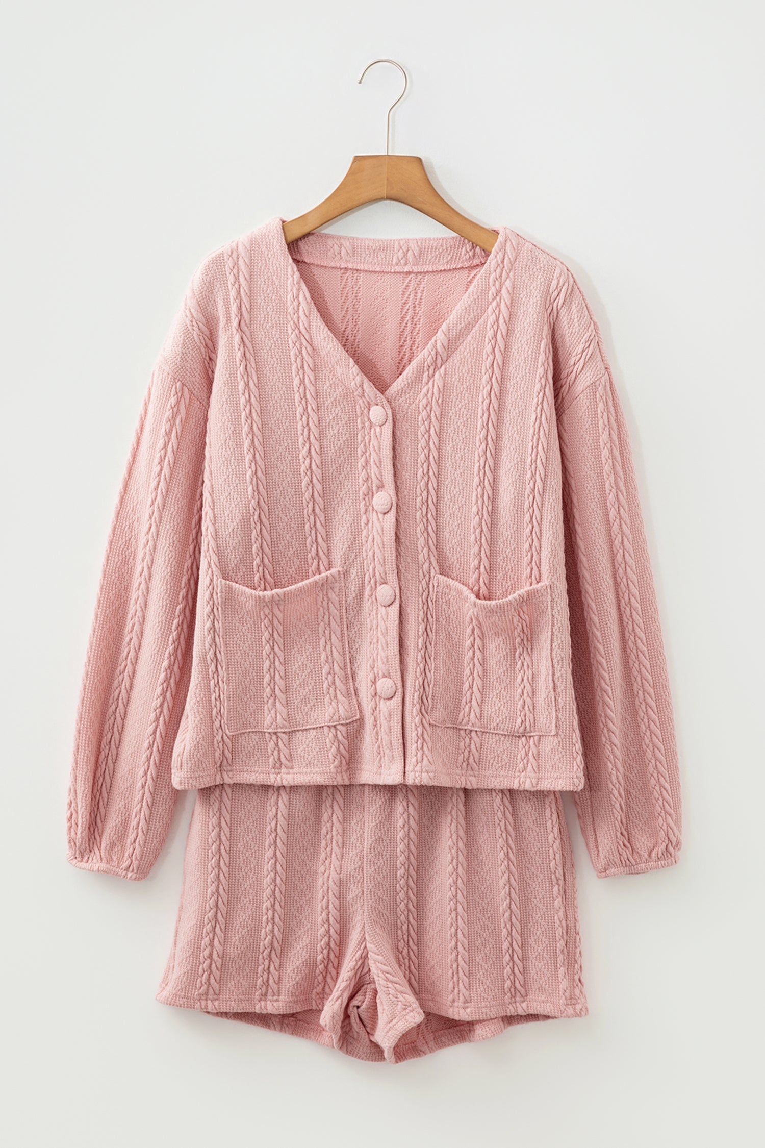 Cable Knit V-Neck Cardigan and Shorts Set