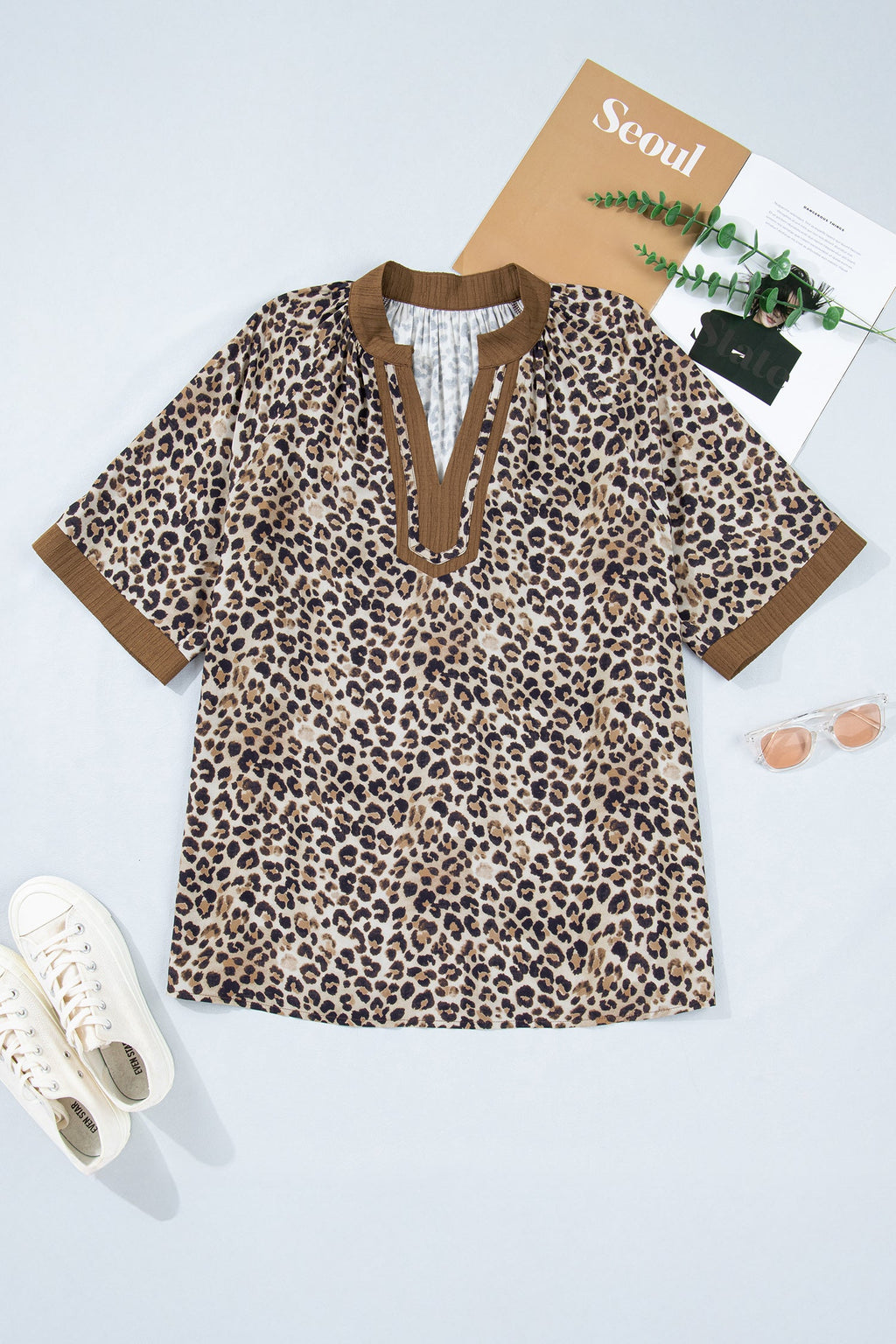 Leopard Crinkled V-Neck Blouse | Viscose Short Sleeve Top