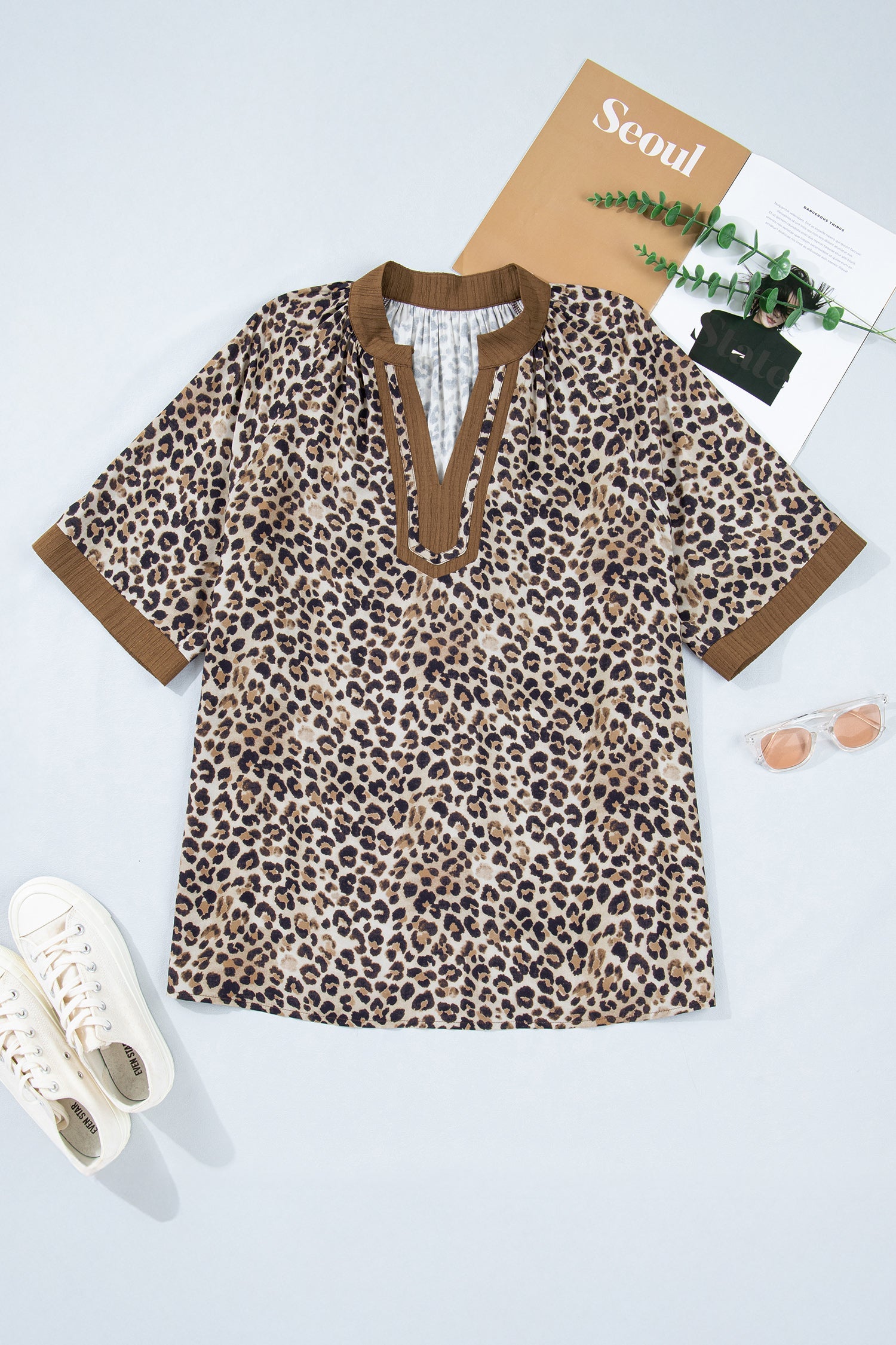 Leopard Crinkled V-Neck Blouse | Viscose Short Sleeve Top