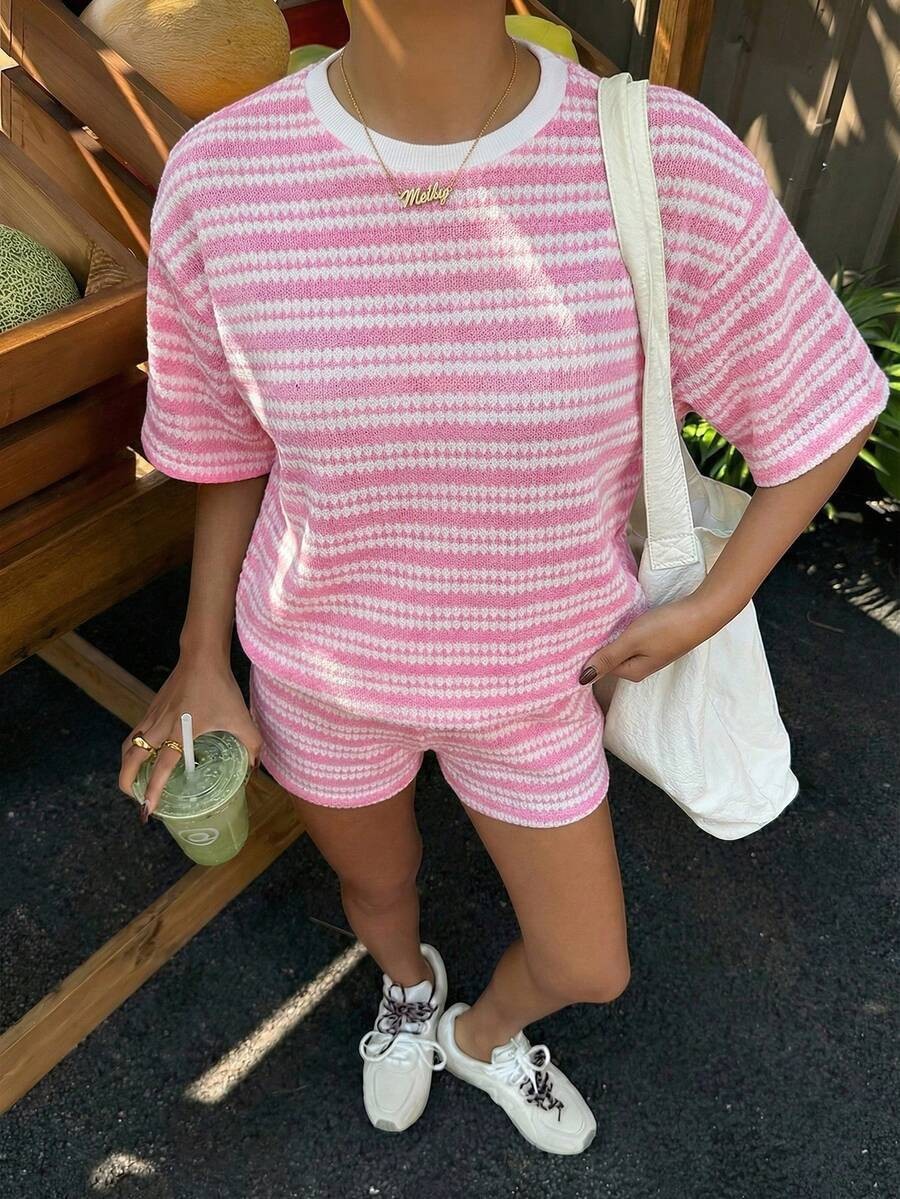 Women's Striped Crew-Neck Short-Sleeve T-Shirt and Shorts Set - Image 8