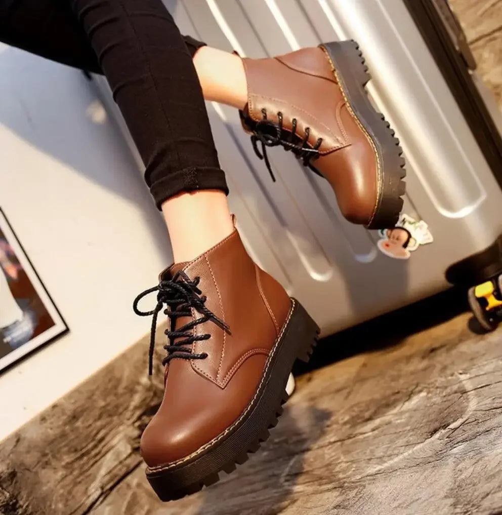 Women's Black Retro Platform Lace-Up Ankle Boots with Chunky Sole - Image 4