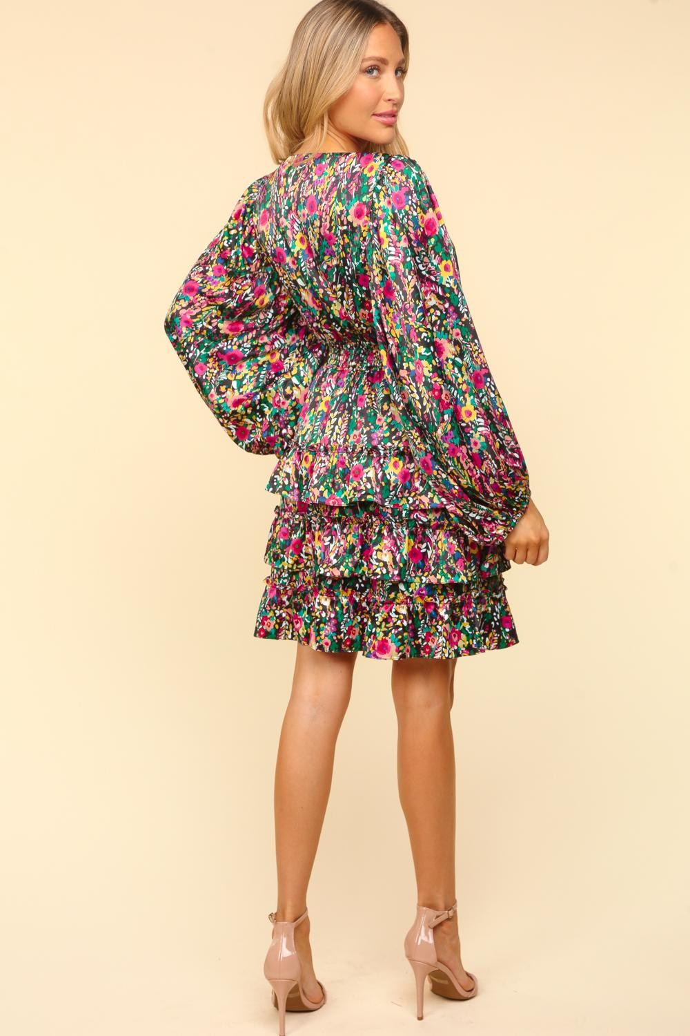 Floral Satin V-Neck Layered Dress for Summer Parties