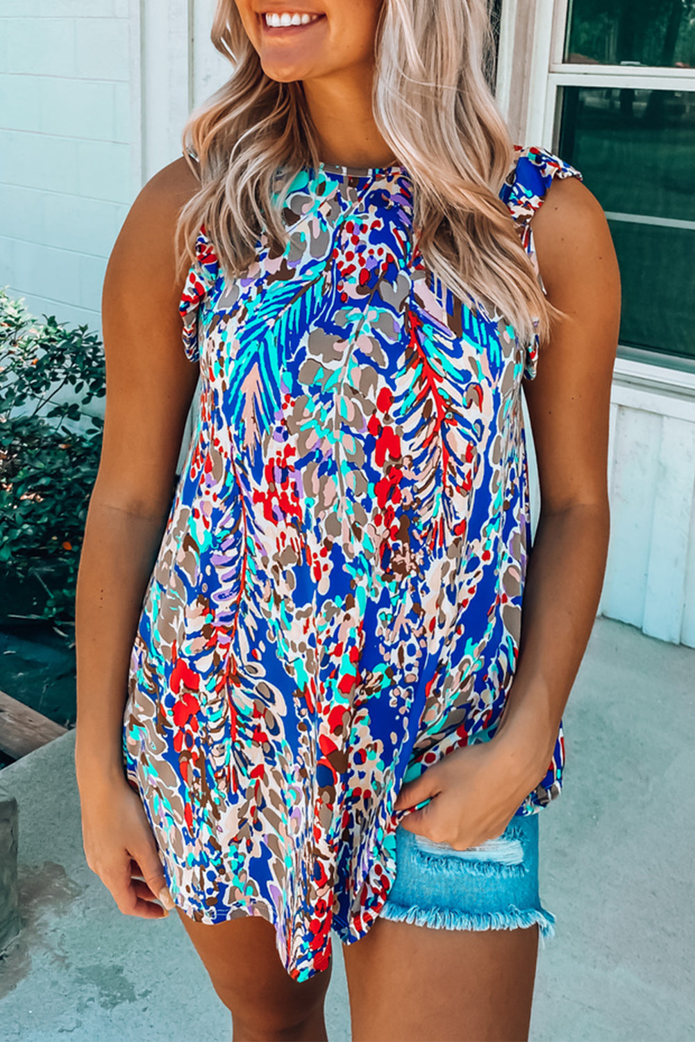 Rosy Boho Abstract Print Ruffle Sleeveless Babydoll Shirt