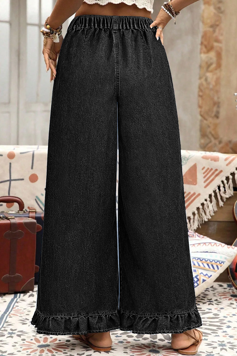 Black Elastic Waist Ruffled Wide Leg Denim Pants