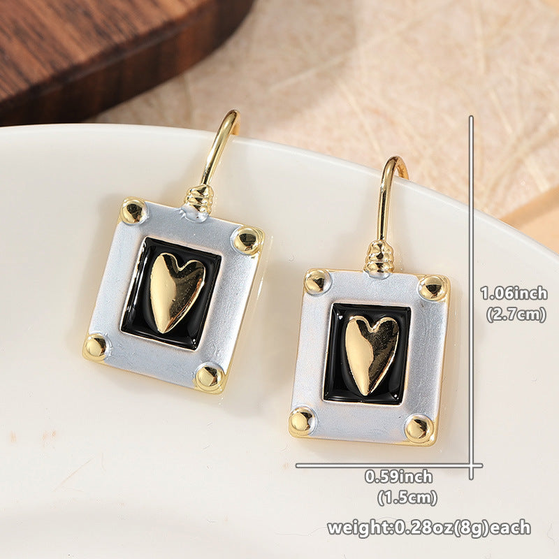 Vintage Black Heart Rectangle Drop Earrings Silver Gold Tone Brass Women Versatile Fashion Jewelry Elegant