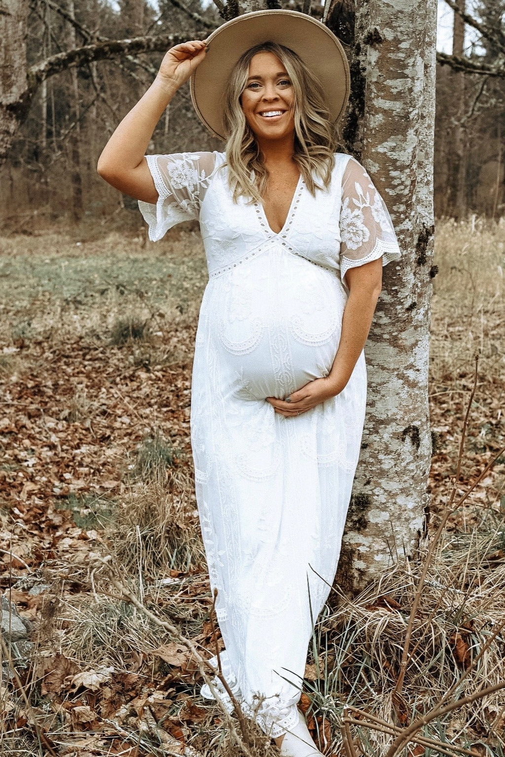 PinkBlush White Lace Mesh Overlay Maternity Maxi Dress