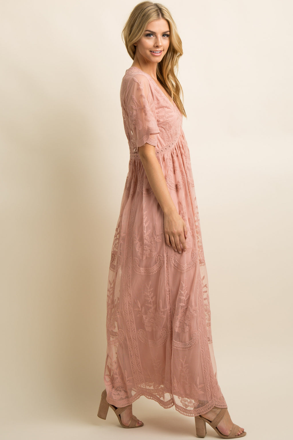 Light Pink Lace Mesh Overlay Maxi Dress