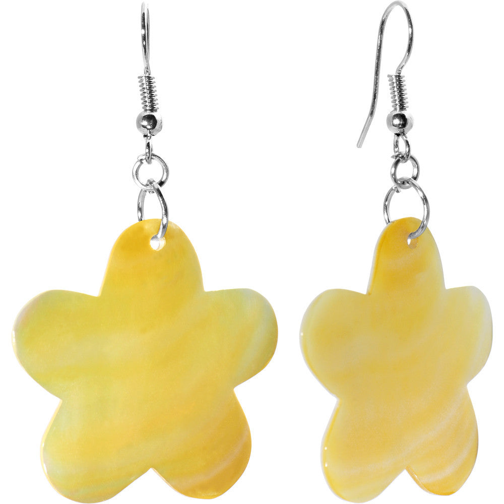 A pair of sunny yellow flower-shaped mother of pearl dangle earrings with silver-toned fishhook closures.