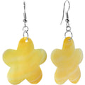 A pair of sunny yellow flower-shaped mother of pearl dangle earrings with silver-toned fishhook closures.