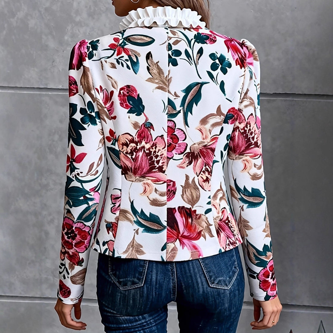 Women Floral Print Ruffle Trim Open Front Casual Blazer Jacket - Image 5