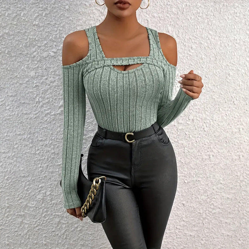 Women's Ribbed Long Sleeve Cold Shoulder Cut-Out Fitted Top - Image 4