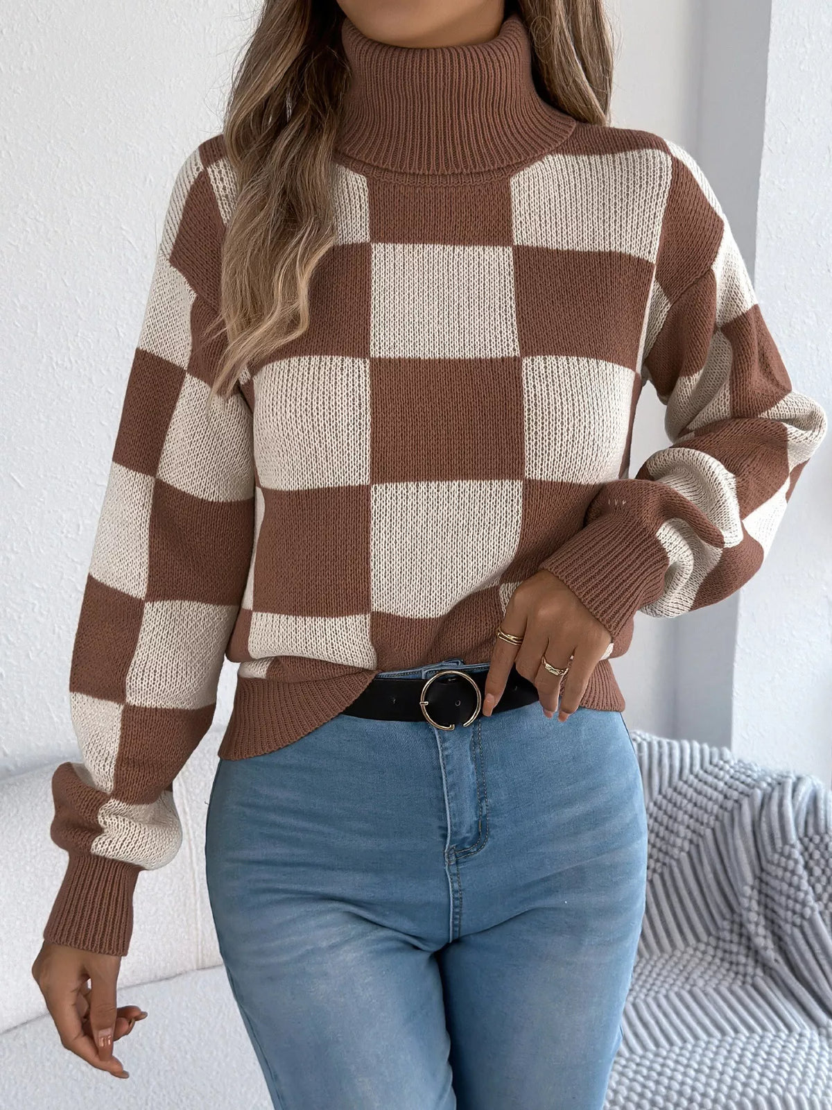 Checkered Turtleneck Long Sleeve Sweater
