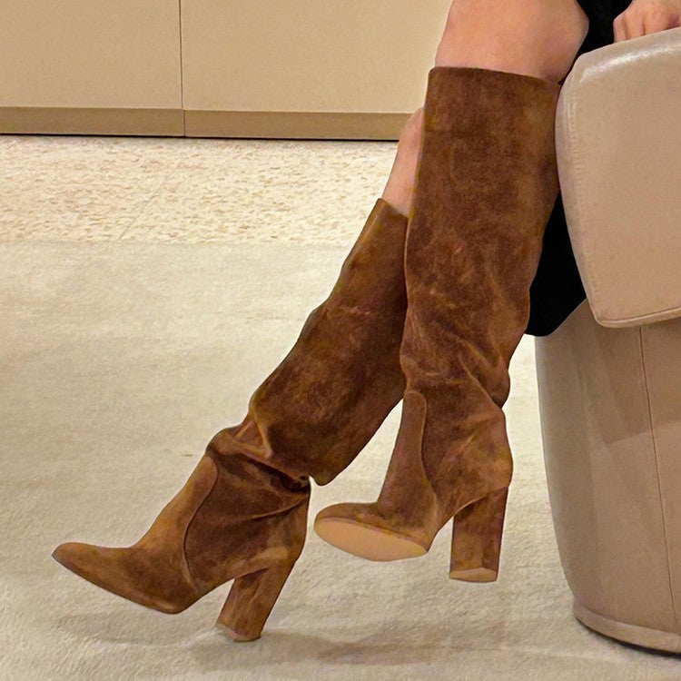 Women's Brown Suede Pleated High Heel Boots Pointed Toe - Image 2