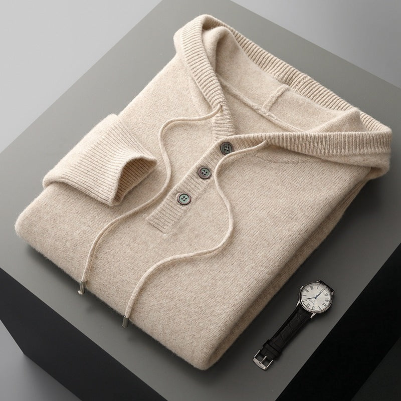 Men wearing a relaxed fit knit button hoodie in neutral tones for a minimalist casual style.