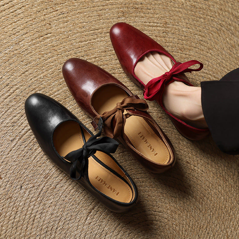 Vintage Style Genuine Leather Ribbon Tie Ballet Flats Shoes - Image 3