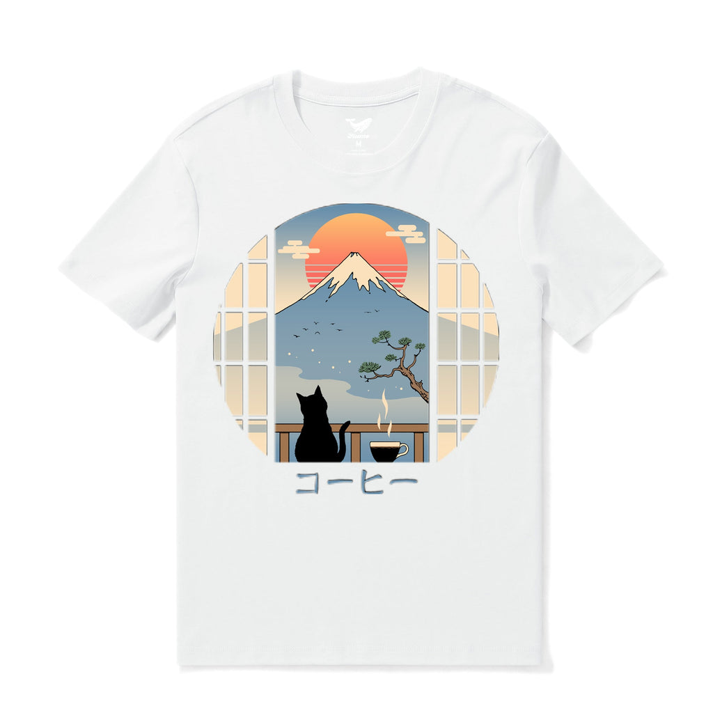 Men's White Coffee Cat Mt. Fuji Graphic Cotton Crew Neck Tee