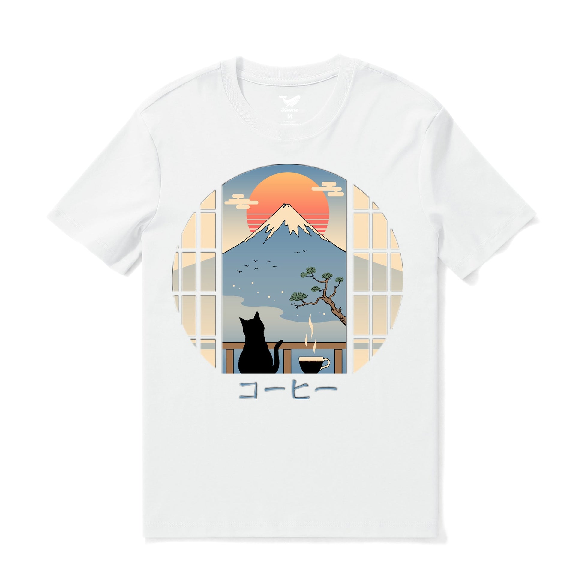 Men's White Coffee Cat Mt. Fuji Graphic Cotton Crew Neck Tee