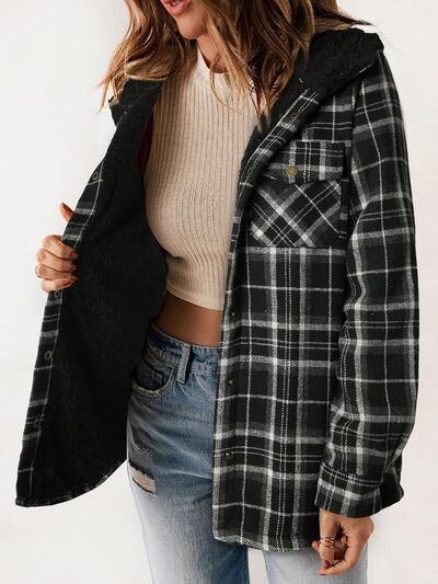 Plush Plaid Snap Down Hooded Jacket Cozy Warm Casual Outerwear