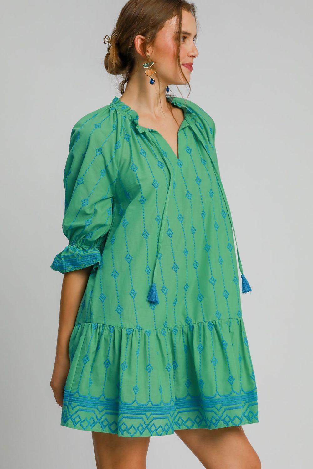 Tassel Embroidered Sleeve Mini Dress in Geometric Pattern