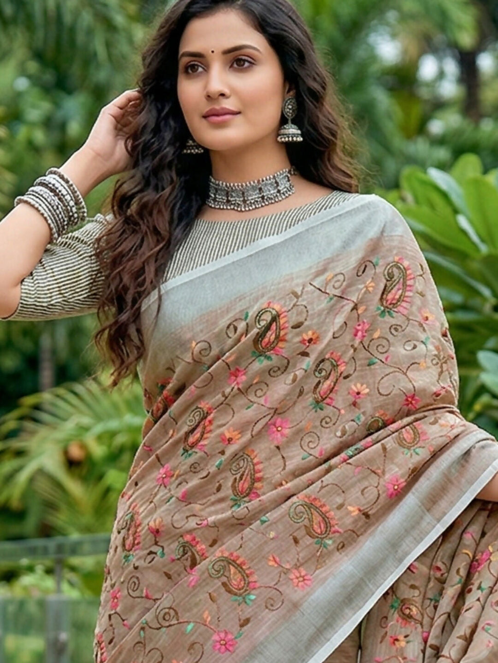 Brown Linen Saree with Coordinating Blouse Piece