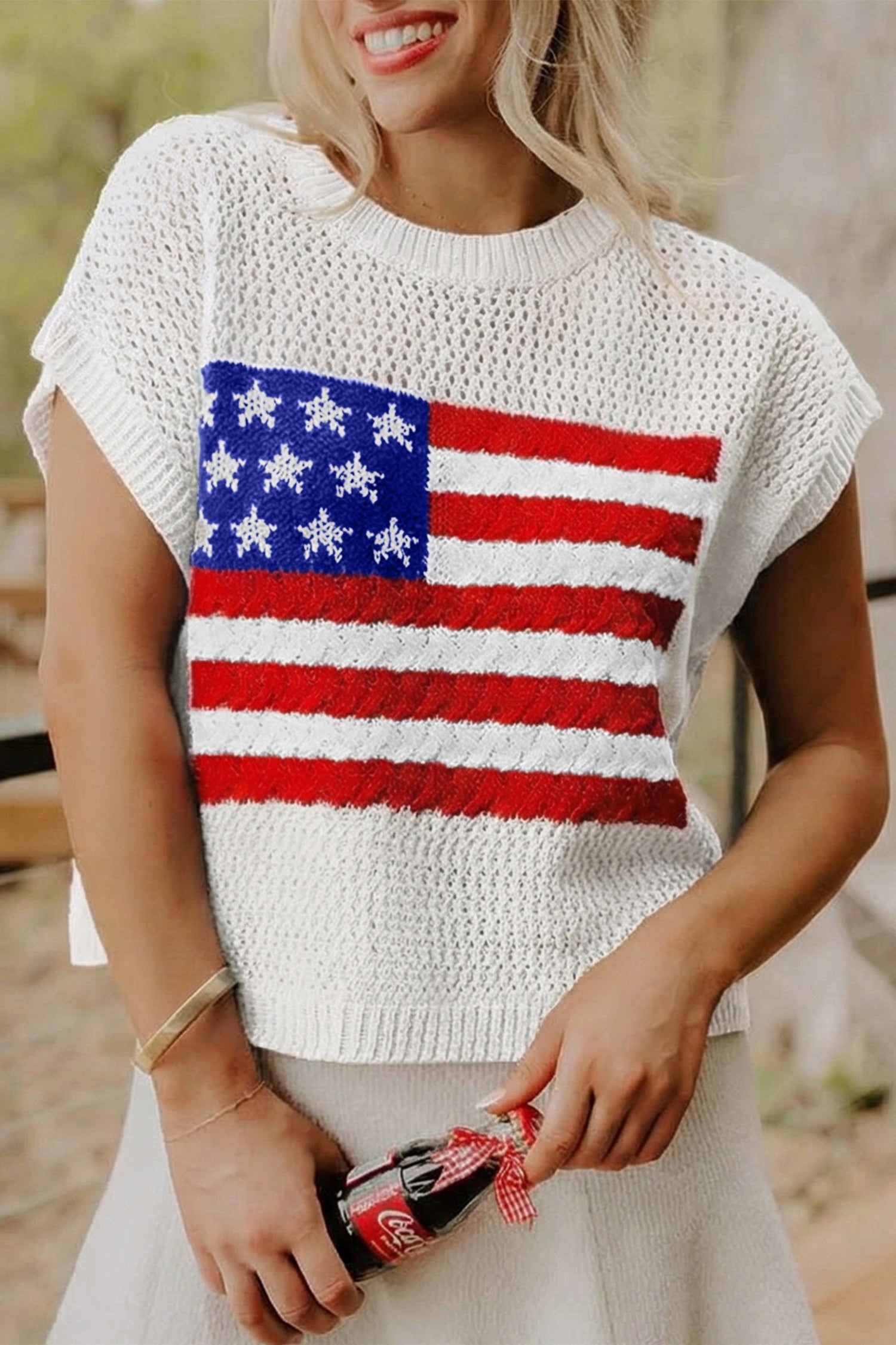 USA Flag Crochet Short Sleeve Sweater Top