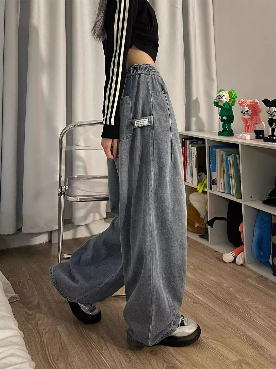 Women's Vintage Baggy Denim Jeans - Elastic Waist Wide Leg Style - Image 3
