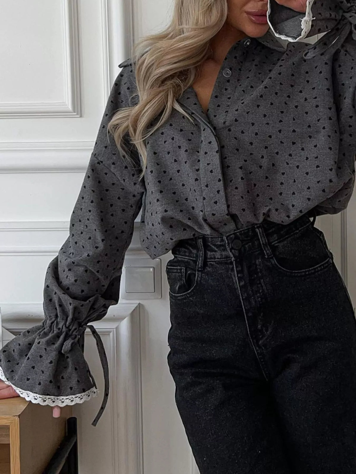 Heart Print Button Up Flounce Sleeve Shirt