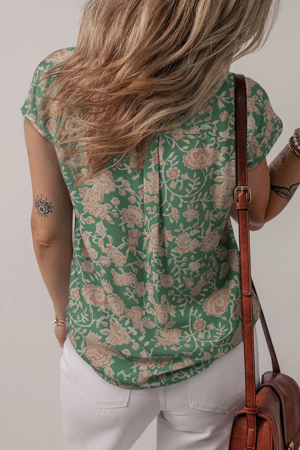 Floral Pleated V-Neck Blouse in Green