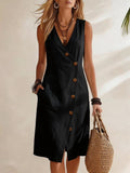 Women's V-Neck Sleeveless Asymmetrical Button Midi Dress - Image 6