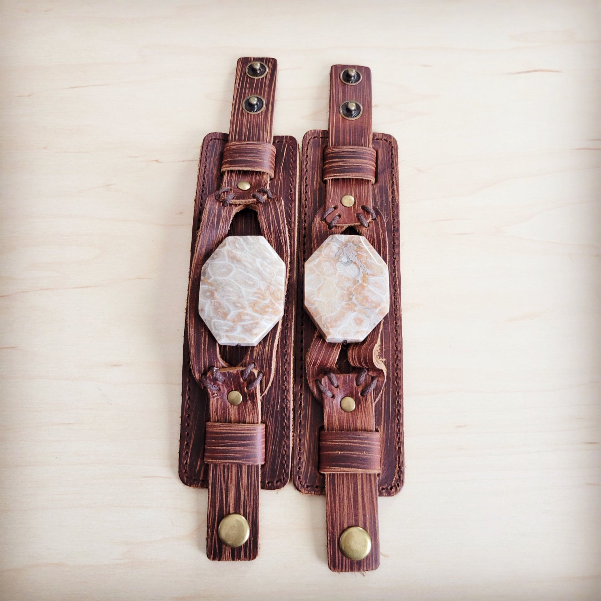 Fossil Corral Stone Wide Leather Cuff Bracelet with Snap Closure - Image 4