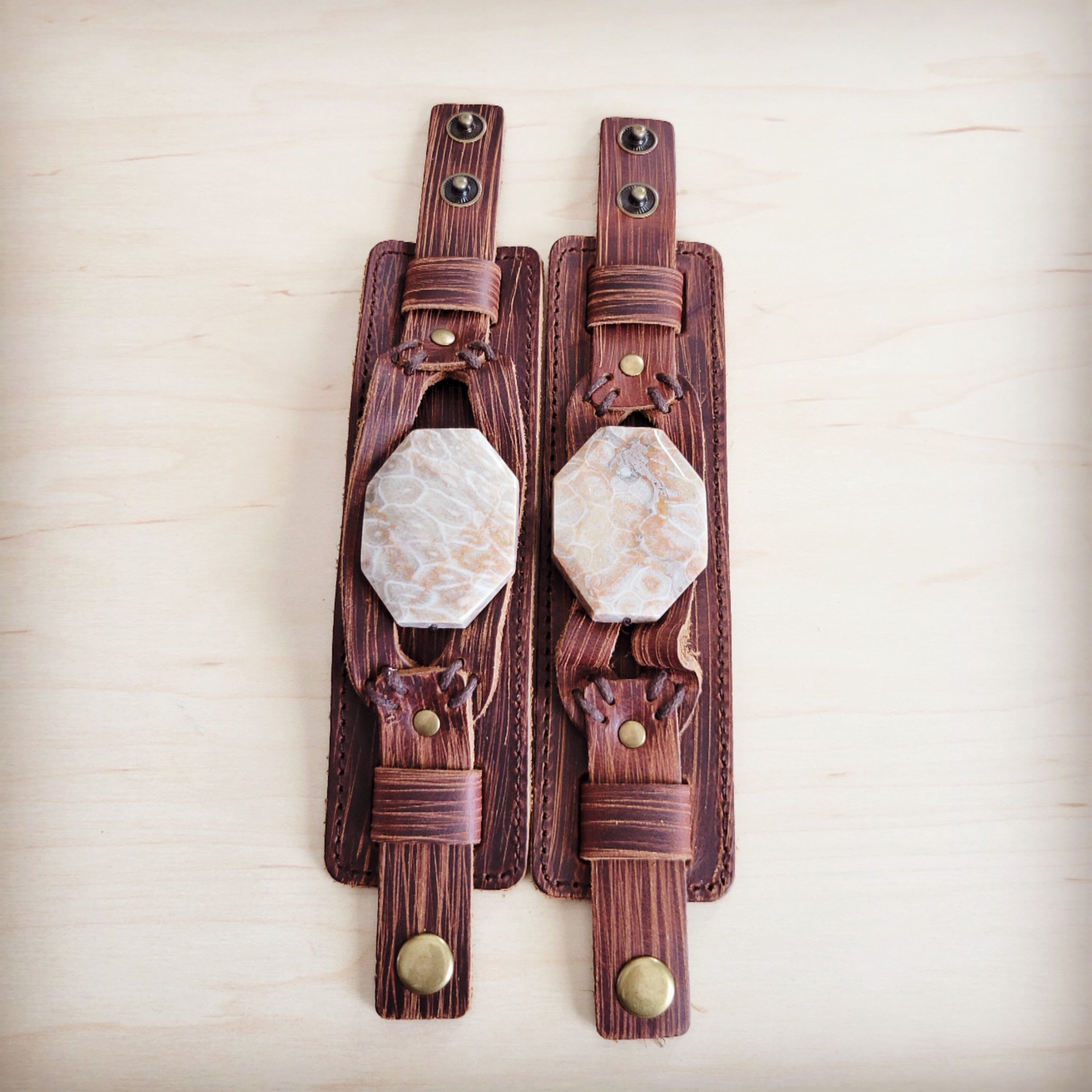 Fossil Corral Stone Wide Leather Cuff Bracelet with Snap Closure - Image 4