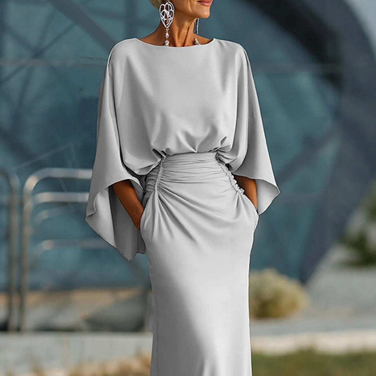 Backless Pleated Mermaid Maxi Dress - Silver Batwing Sleeve Gown