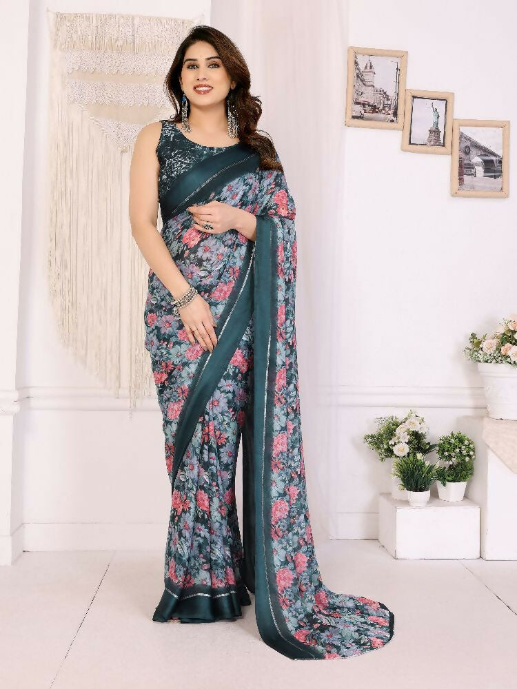 Morpich deep teal satin saree with pink and grey floral print and matching blouse