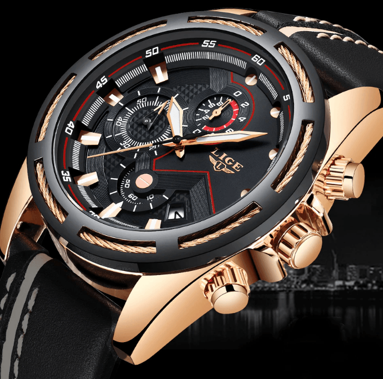 Men's Waterproof Sports Chronograph Watch with Leather Strap