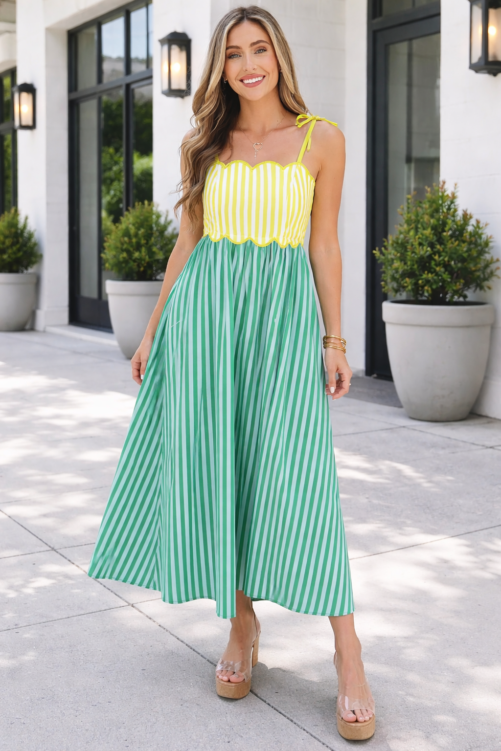 Raelyn Knot Strap Midi Dress: Striped Cotton A-Line Summer Dress